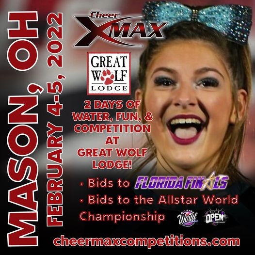 theCDIP's tweet photo. Join us in February 4-5, 2022 for Cheer Max Competitions at Great Wolf Lodge!
▪️2 Days of Fun and Competition in Mason, Ohio
▪️All teams compete once
▪️Bids to Florida Finals and the Allstar World Championship
Register at https://t.co/Cgs5WOqA9m!
#theCDIP #cheermax https://t.co/z1cM7XKXXK