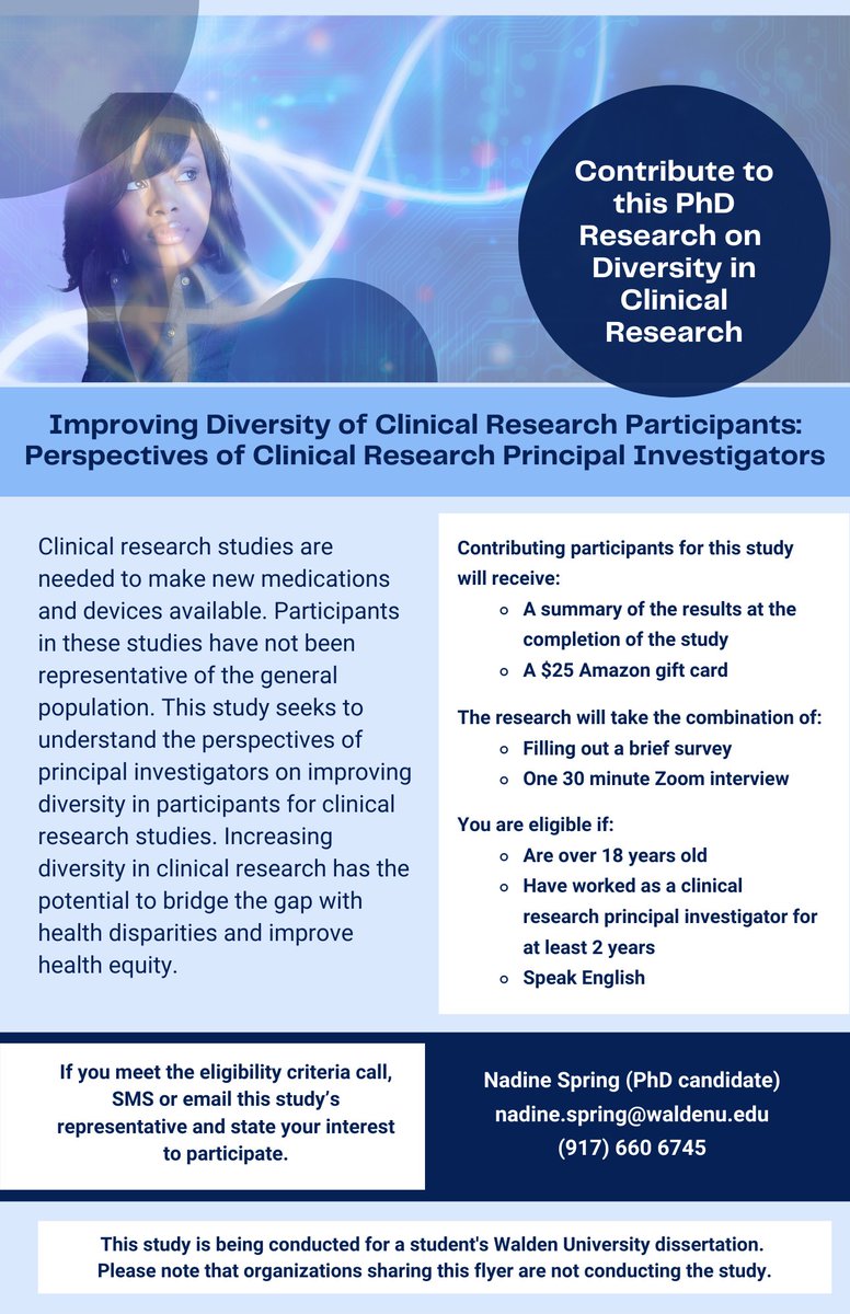 yvonneychan's tweet image. Helping a fellow #clinicalresearch colleague spread the word about this #study re improving #diversity of clinical #research #participants. If you’re PI, please consider reaching out to Nadine- contact info below. Thank you