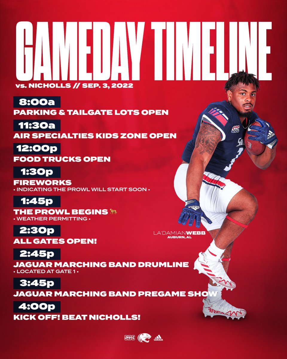 SouthAlabama's tweet photo. We're just 3️⃣ days away from GAMEDAY at Hancock Whitney Stadium‼️ Check out our Gameday Timeline‼️ #OurCity https://t.co/FNb1ssiUyx