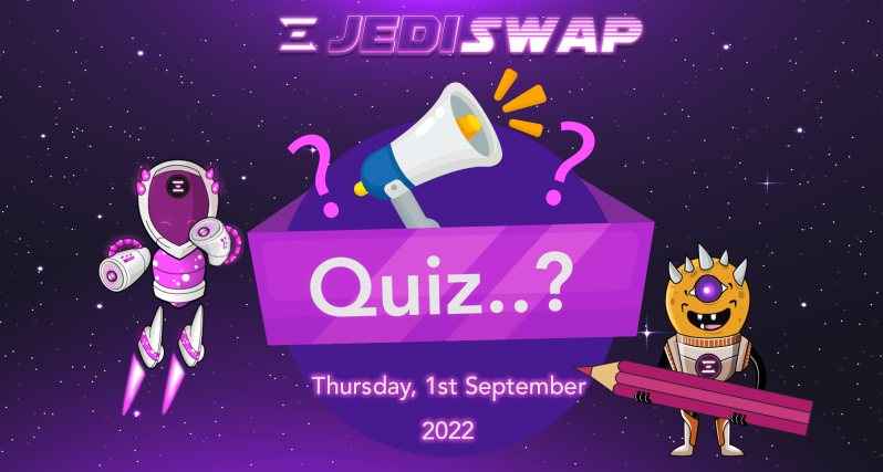 Padawans!👋

Jediswap✍️Quiz - Session 3 is here.
👉 Topics: DeFi / L2 Scaling Solutions / JediSwap
👉 Quiz Link: forms.gle/Bni7sKGj29T57f…

Quiz - Session 3 will be open till 17:00 UTC

May the force be with you!!!

Join discord for any questions : ➡️discord.gg/BMrMzjzP5S