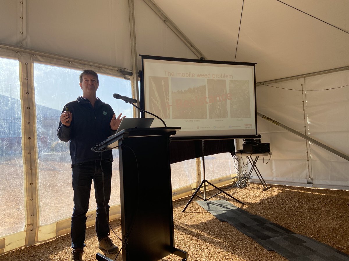 ⁦<a href="/WeedSmartAU/">WeedSmart</a>⁩ Dr Rick Llewelyn #areawideweedmanagement project talks to horticultural growers about controlling fleabane.