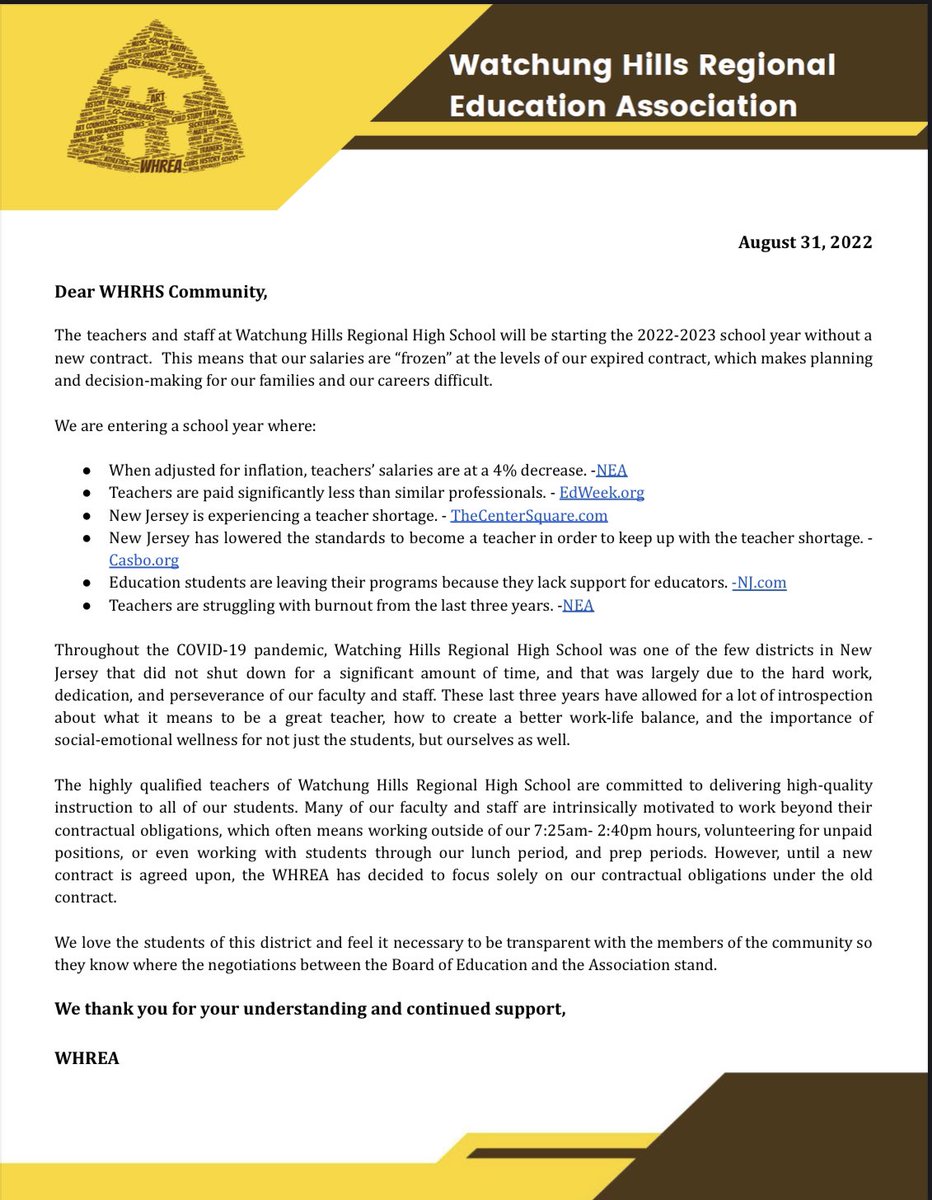 whreanj's tweet image. A Letter to the Community - WHREA starting school year tomorrow, WITHOUT a contract.  @NJEA @WarrenTAP @EchoesSentinel whreanj.org/community