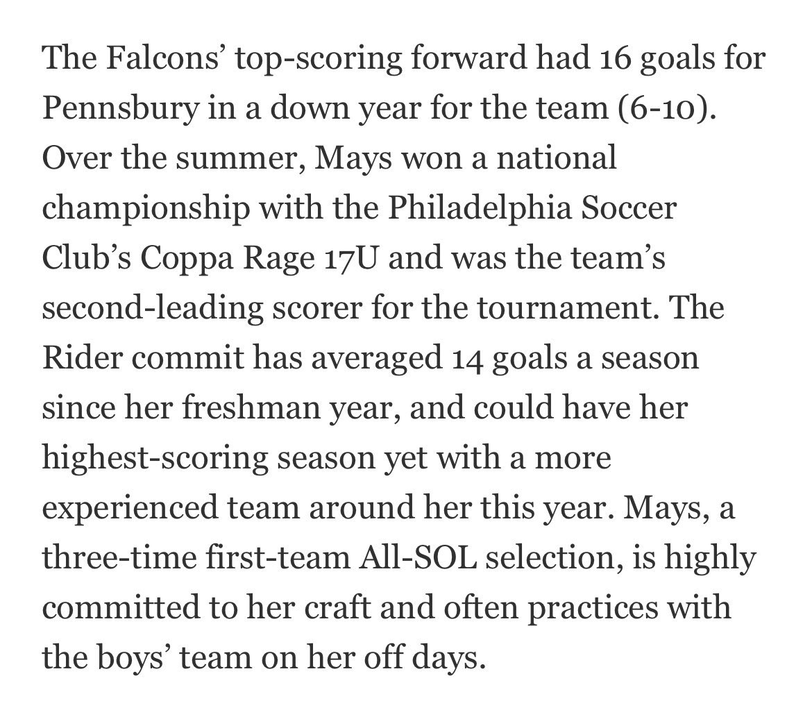 PSD_girlssoccer's tweet photo. Taylor Mays, a Pennsbury senior and Rider commit, has been named a top 10 player to watch by the Bucks County Courier Times! https://t.co/xuVaVCeSuX