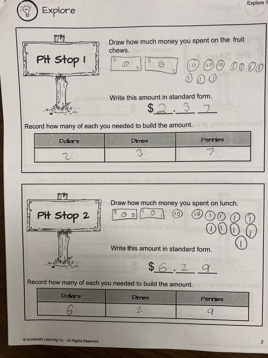 Students worked on representing decimals with models and money.
