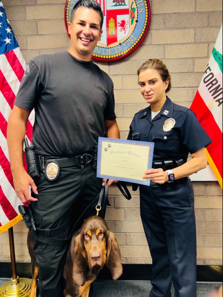 LAPDCARRANZA's tweet photo. We are tremendously proud of K9 Officer P3+1 Josh Leon!! He is the first #LAPD Officer to be certified in #K9 tracking AND trailing. His partner #K9 #Rylee was there to congratulate him!!! 🐾🚔 #NPBA #teamwork https://t.co/d6lYEJkPHn