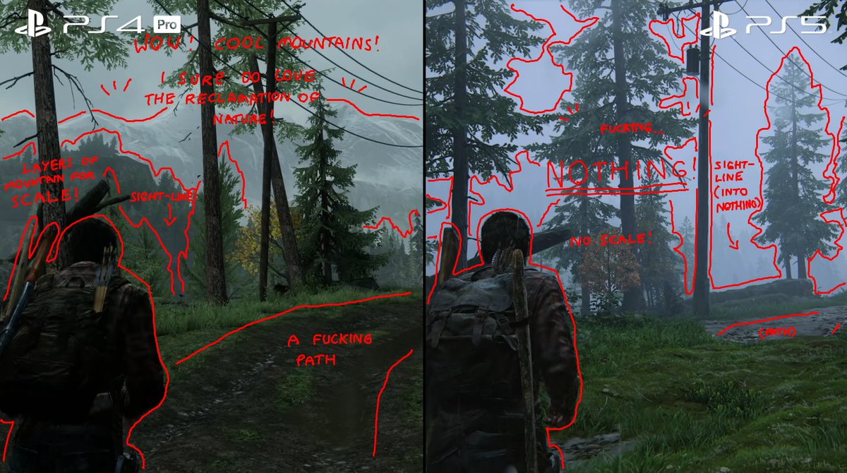 Apuru_kun's tweet photo. I honestly can't for the life of me understand how basic blocking and composition can be fucked up this badly. Naughty Dog is usually pretty great at level design for cinematic framing, and they're working from a previous game, so what gives?

The Last of Us Part 1 looks bad. https://t.co/spDrwOvUiz