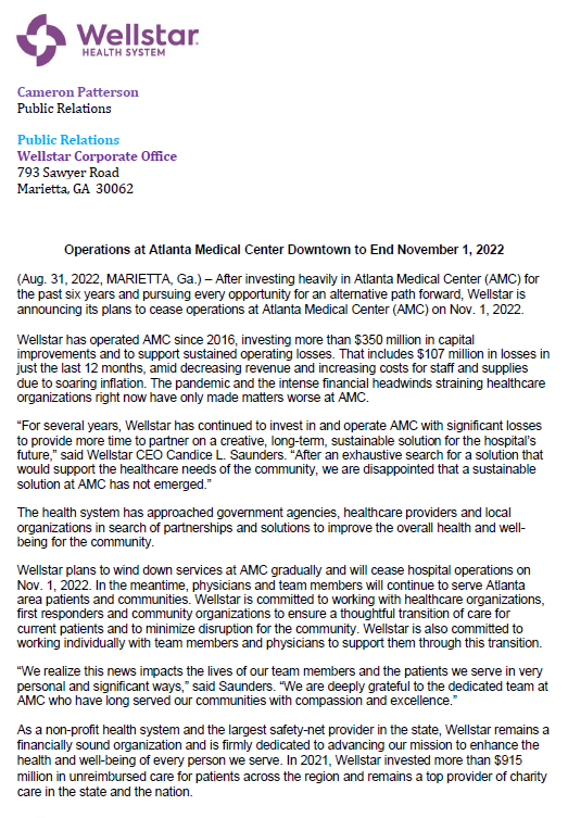rahulbali's tweet photo. BREAKING NEWS: Atlanta Medical Center Closing

Wellstar Health System says the hospital will close its doors on November 1st.

The hospital is located just of east of downtown Atlanta and is a Level I Trauma Center and Emergency Department. #gapol #atlpol https://t.co/pTRJBXIL5x