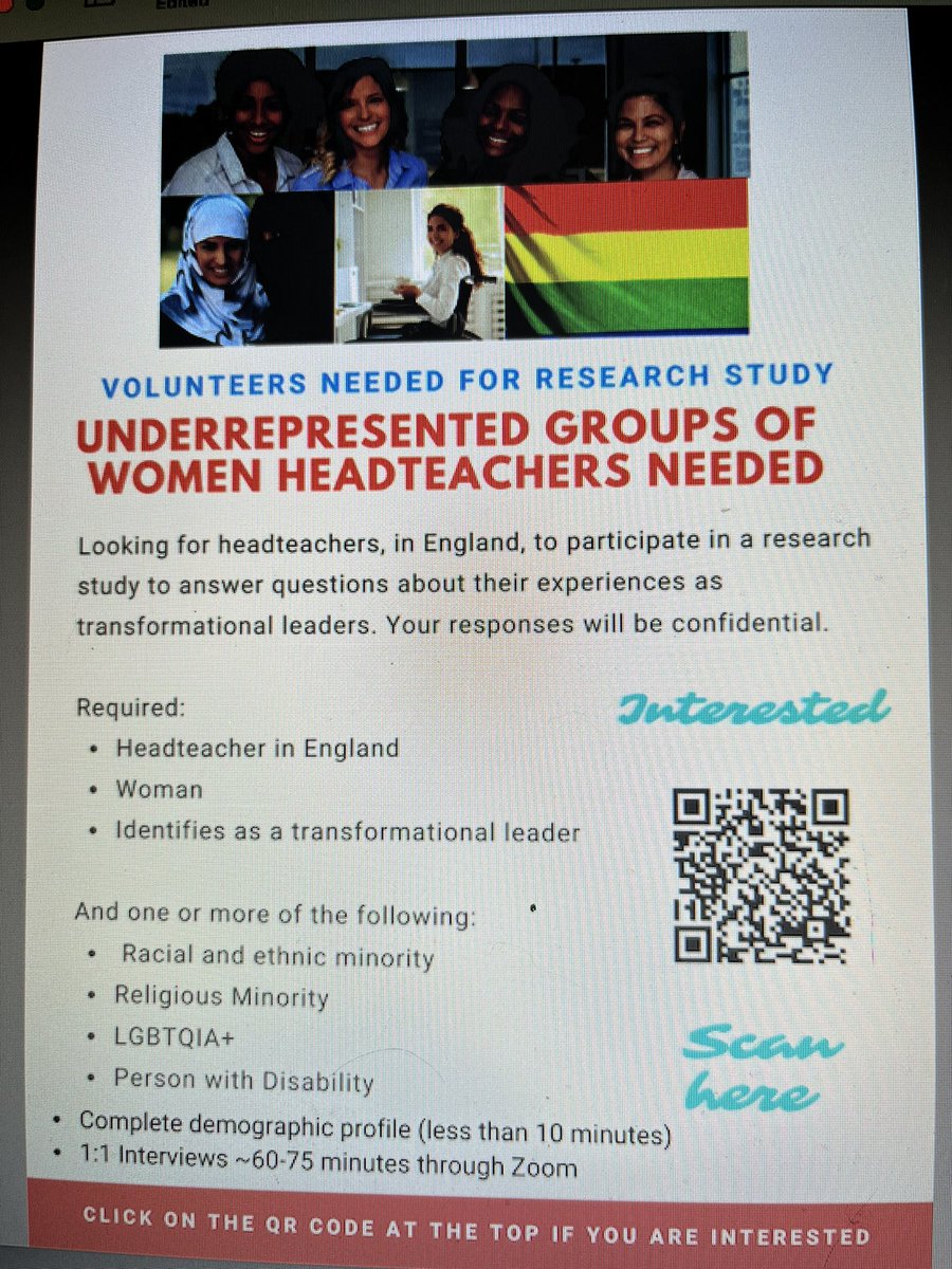 I am an American doctoral student looking to find minority women  headteachers to participate in my study. Information is on the flyer #womened