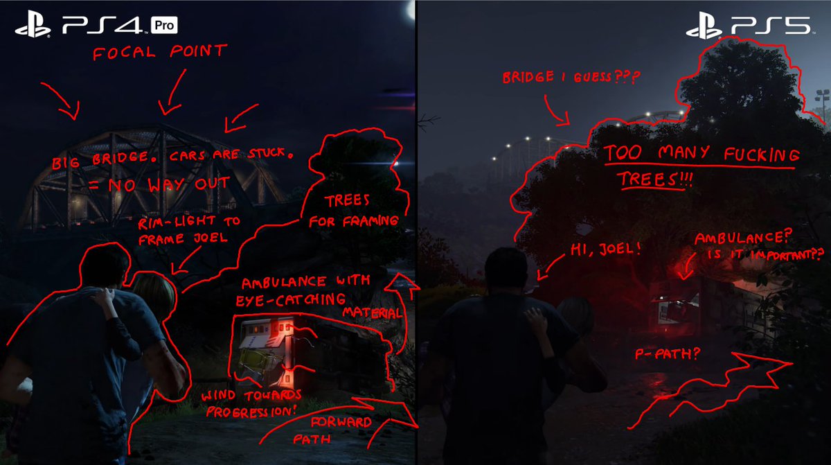 Apuru_kun's tweet photo. I honestly can't for the life of me understand how basic blocking and composition can be fucked up this badly. Naughty Dog is usually pretty great at level design for cinematic framing, and they're working from a previous game, so what gives?

The Last of Us Part 1 looks bad. https://t.co/spDrwOvUiz