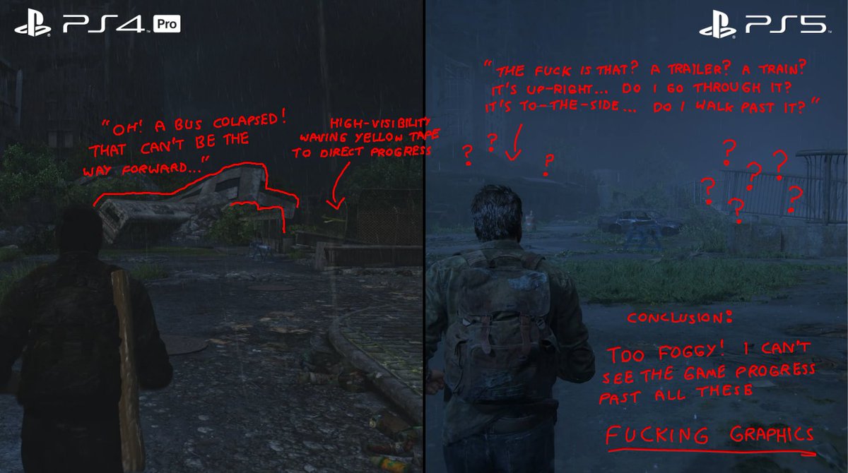 Apuru_kun's tweet photo. I honestly can't for the life of me understand how basic blocking and composition can be fucked up this badly. Naughty Dog is usually pretty great at level design for cinematic framing, and they're working from a previous game, so what gives?

The Last of Us Part 1 looks bad. https://t.co/spDrwOvUiz