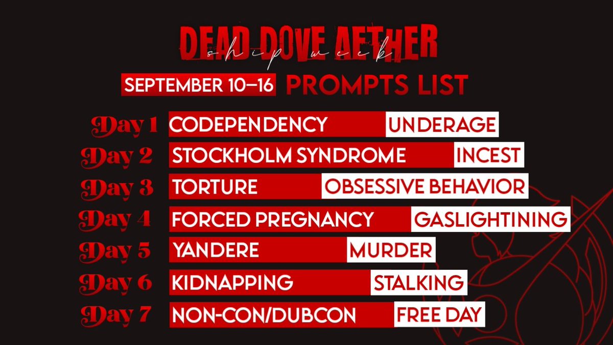 deadoveaether's tweet photo. Dead Dove Aether Ship Week: September 10–16, 2022

Presenting the official list of prompts for #DeadDoveAetherShipWeek! It'll be seven days filled with love for Aether and his endless harem! ❤️‍🔥⛅️

Rules and Guidelines for the ship week are in the reply section! https://t.co/1kq0OpdkAN