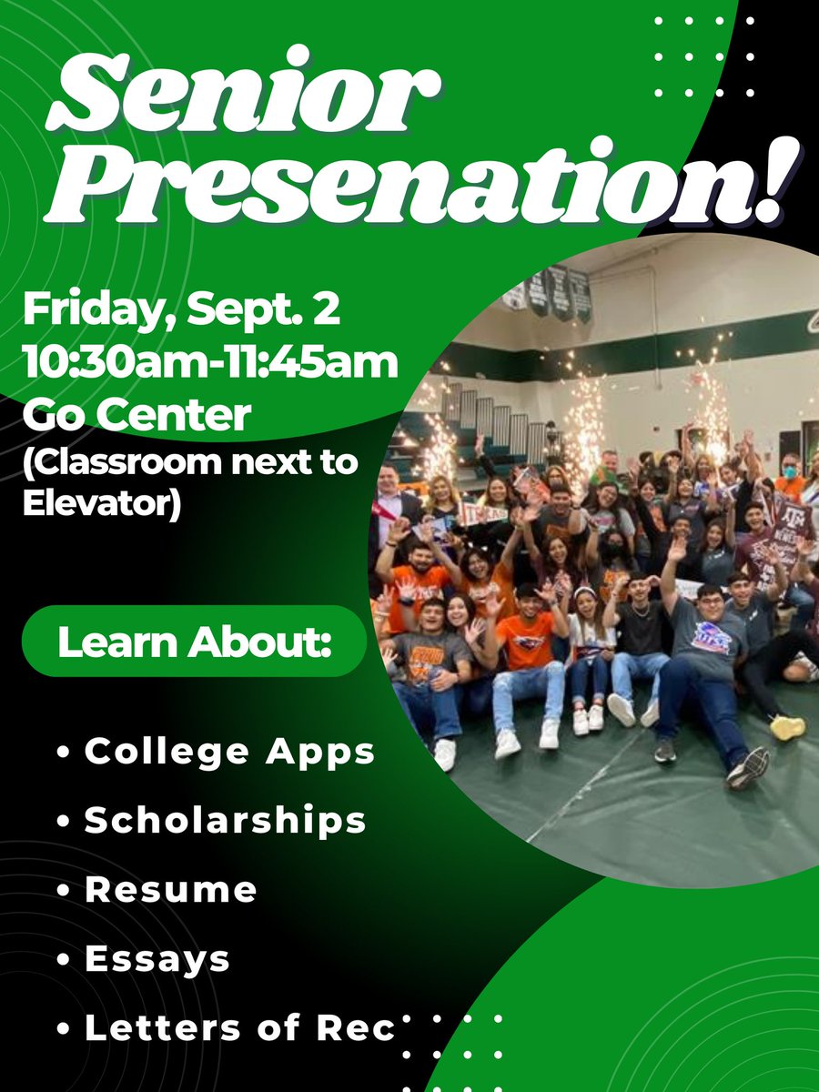 PSJAMemGoCenter's tweet photo. 📢 Attention Seniors, haven't heard THE Presentation yet? Don't have Gov/Eco? Join us Friday to learn more about colleges, scholarships, and #stayintheknow! @PSJAMemorial @advisorcgarcia 🎓🤑📚 https://t.co/SMuRxlcjSx