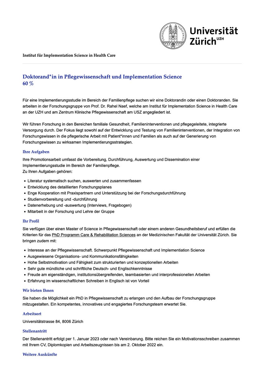 Institute for Implementation Science in HealthCare (@ifis_uzh) on Twitter photo We are hiring! If you are interested in earning a PhD in #NursingScience, then this is your chance. <a href="/NaefRahel/">Rahel Naef</a>’s team is looking for a PhD candidate with a focus on #FamilyNursing and #ImplementationScience. Apply now to join <a href="/UZH_en/">University of Zurich</a>:
jobs.uzh.ch/offene-stellen… We are hiring! If you are interested in earning a PhD in #NursingScience, then this is your chance. <a href="/NaefRahel/">Rahel Naef</a>’s team is looking for a PhD candidate with a focus on #FamilyNursing and #ImplementationScience. Apply now to join <a href="/UZH_en/">University of Zurich</a>:
jobs.uzh.ch/offene-stellen…