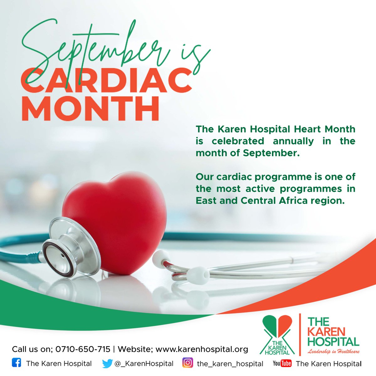 _KarenHospital's tweet photo. The Karen Hospital Heart Month is celebrated annually in the month of September. 

Our cardiac programme is one of the most active programmes in Eastern and Central Africa region. 
#useheartforhumanity #heartmonth2022 #thekarenhospital #tkhcares https://t.co/3lypHIJbYN