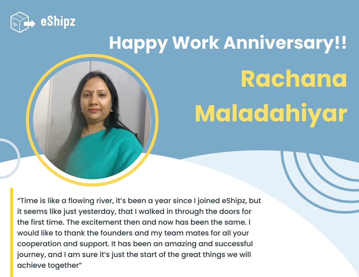 We wish you a very happy #workanniversary Rachana Maladahiyar and hope that you will continue to shine. eShipz.com 

#eShipz #workannivarsary #culture #work