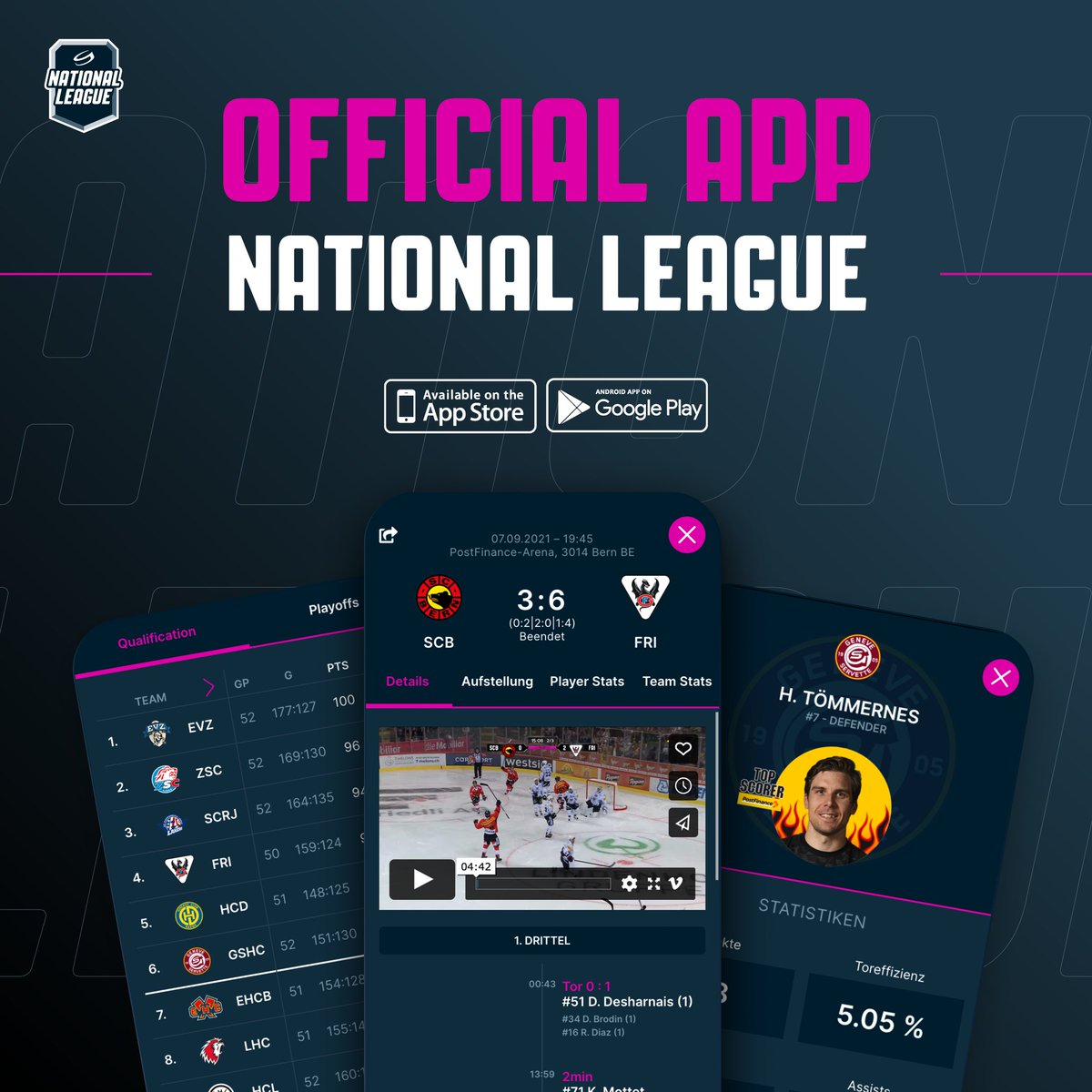 SIE IST DA! Die neue App der #NationalLeague. 🤩 
Alle Tore &amp; Resultate, Rangliste, Statistiken, Liveticker, Highlight-Videos, offizielle News der NL und Disciplinary-Entscheide. Hol dir jetzt die kostenlose App! 🤝
📲 IOS: apple.co/3CLICJd
Android: bit.ly/3CIORxF