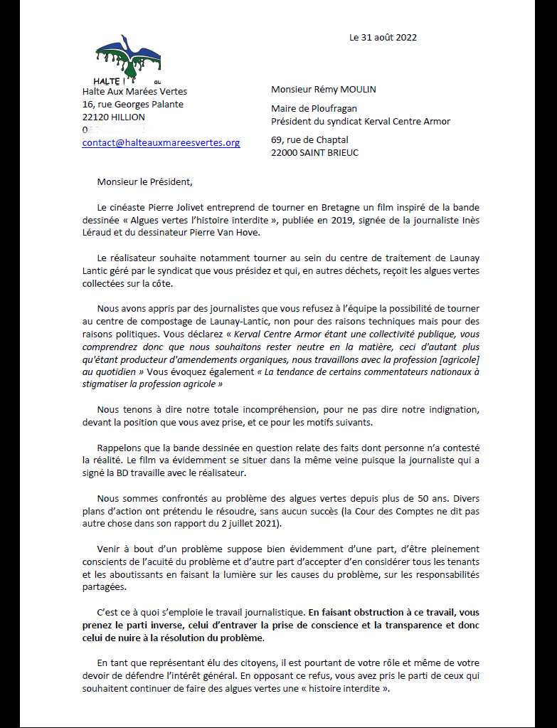 SylvainErnault's tweet photo. @Splannenquetes Halte aux marées vertes réagit au refus du syndicat mixte Kerval de permettre le tournage du film « Les Algues vertes » dans la déchèterie de #Lantic, près de Saint-Brieuc (22). « Vous prenez le parti d'entraver la prise de conscience et la transparence », s'indigne l'asso. https://t.co/yzq3w44bkG