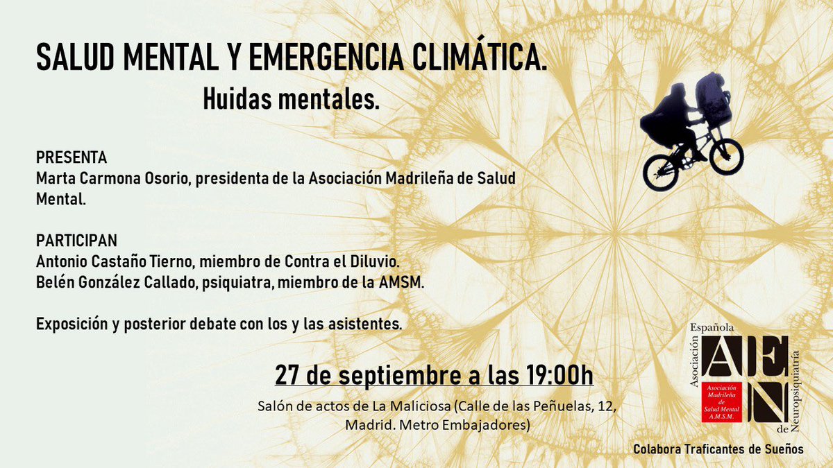 Mesa en Madrid el 27 de septiembre: “Salud mental y emergencia climática”. Organizada por la Asociación Madrileña de Salud Mental.