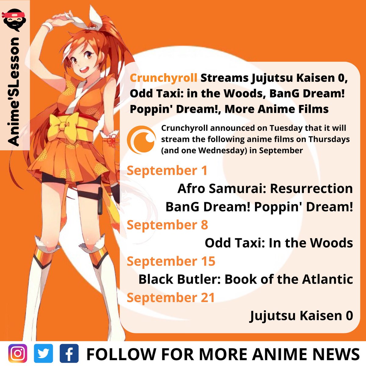 AnimeLesson's tweet photo. Crunchyroll began streaming the AKIRA, your name., Wolf Children, The Boy and The Beast, Josee, The Tiger and the Fish, The Stranger by the Shore, and Sing a Bit of Harmony anime films in September.
More info - https://t.co/74CXS0iKRQ
#onepiece #anime #naruto #manga #Crunchyroll https://t.co/3dZc9i42ro
