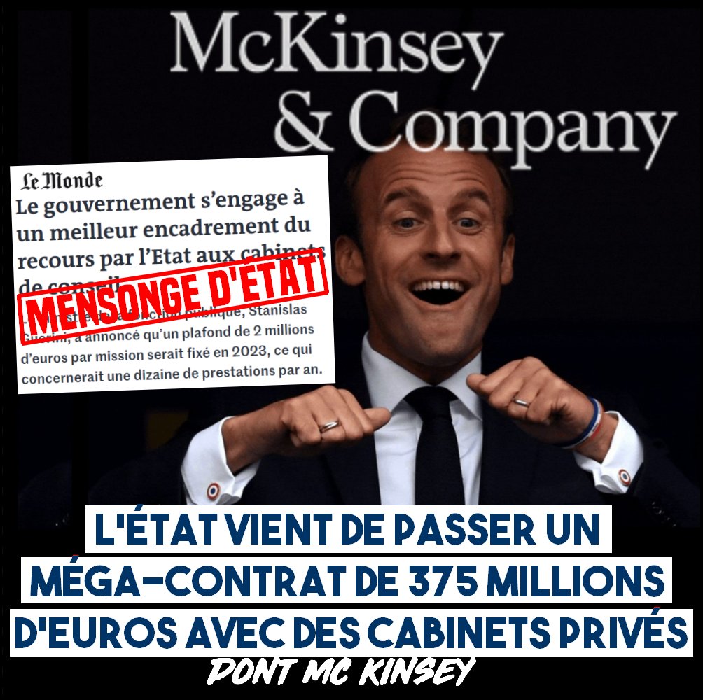 🔴 CABINETS PRIVÉS : PILLAGE ORGANISÉ ET MENSONGE D’ÉTAT

L’État français a dépensé 2,4 milliards d’euros en cabinets de conseil privés depuis 2018. Plus d’un milliard rien qu’en 2021.

#McKinseyMacronGate