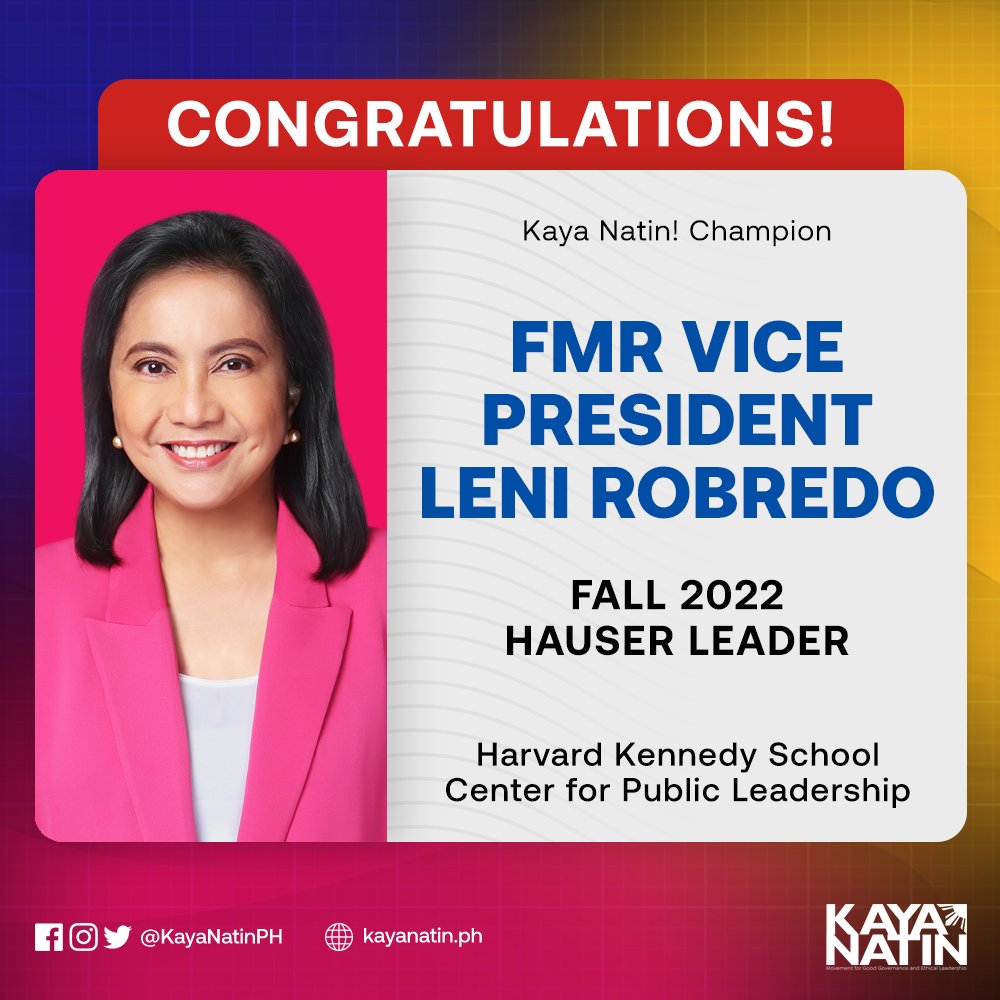 Congratulations to fmr VP Leni Robredo for being selected as one of the Fall 2022 Hauser Leaders of the Harvard Kennedy School's Center for Public Leadership! 

READ MORE: bit.ly/3R4cgOd