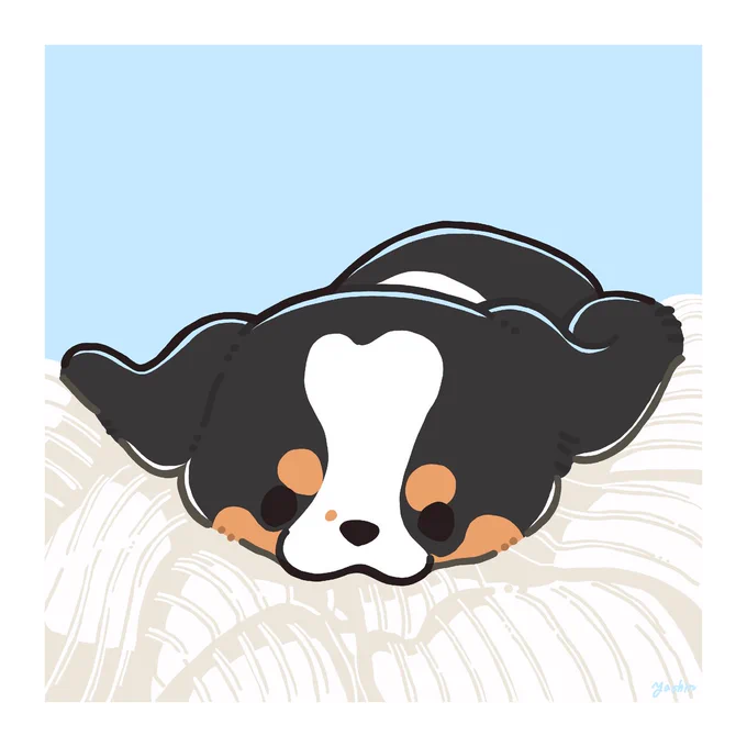 個人様よりご依頼いただき、わんちゃんの似顔絵を描かせていただきました!タオルケットの上でくつろぐキャバリアちゃんですご依頼ありがとうございました!#ヤシンのおしごと紹介 