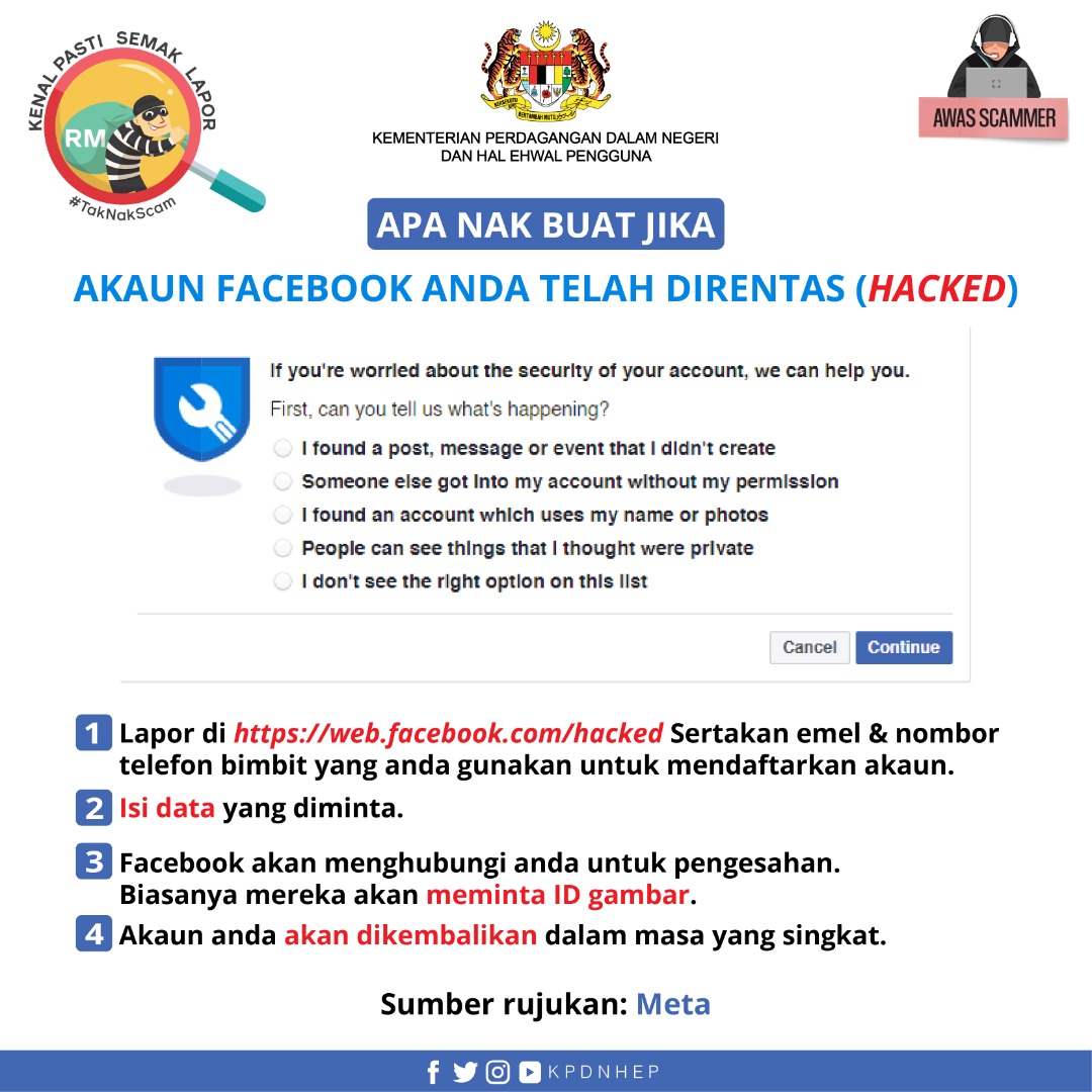 KPDN_HQ's tweet photo. Akaun Facebook anda telah direntas (hacked), Apa nak buat? Jom baca..semoga bermanfaat..
#KPDNHEP #hack https://t.co/xsYvyiSiG3
