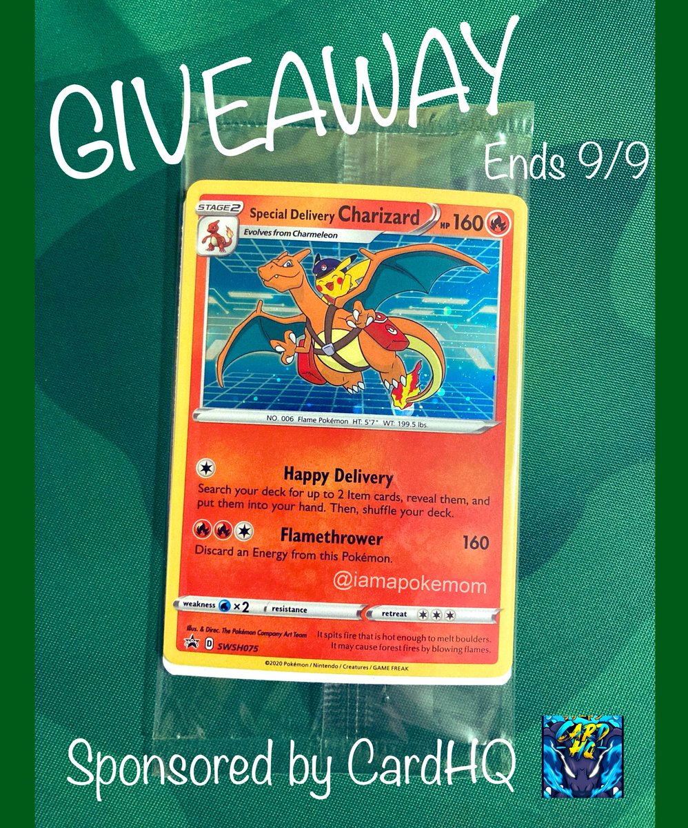 🔥 Special Delivery Charizard Giveaway 🔥

Sponsored by CardHQ (Check out their discord)

To Enter:
✅Retweet
✅Follow @TeamCardHQ 
✅Follow <a href="/iamapokeMOM/">MOM - TCG and Collectibles - Drops and Restocks</a>

Ends 9/9/22

#pokemon #pokemontcg #free #giveaway