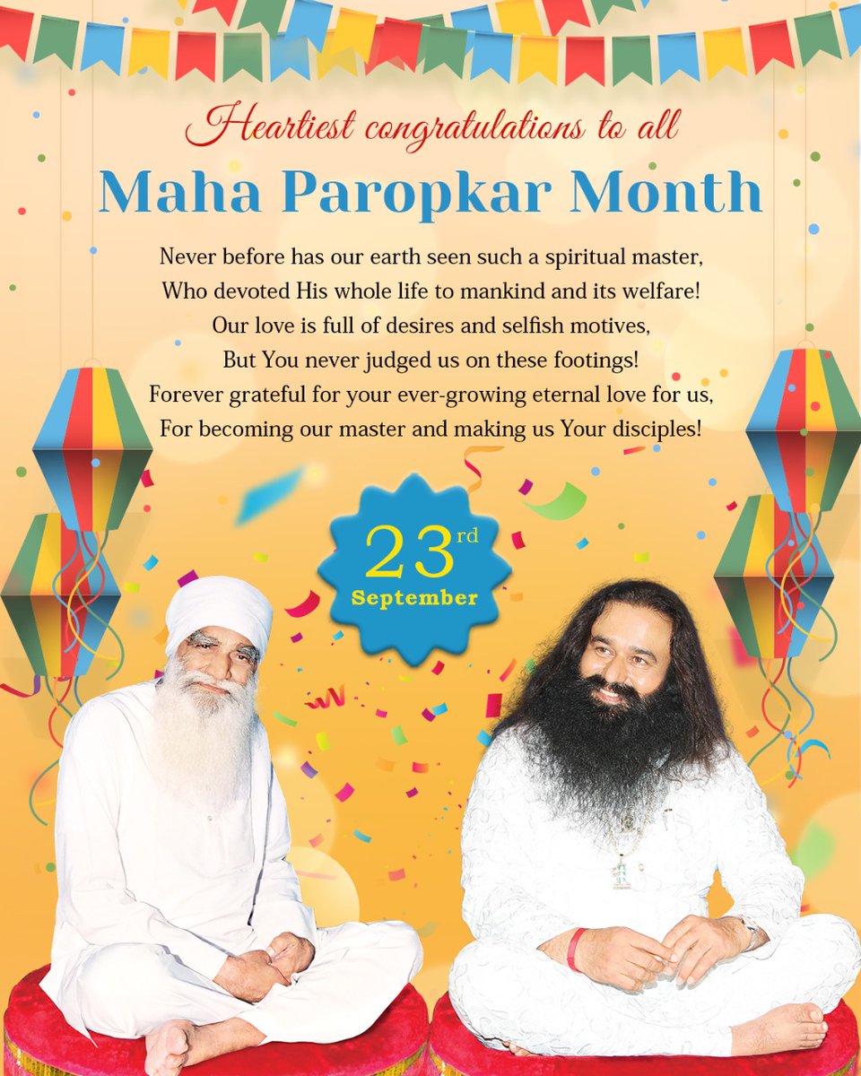 insanshobha's tweet photo. The blessed September is here, the month full of benevolence. We pay sincere gratitude to Revered Shah Satnam Ji for choosing St. Dr. @Gurmeetramrahim Singh Ji Insan as His next successor. It’s our privilege to walk ahead on the spiritual path under His leadership. https://t.co/6HyPpMKF83