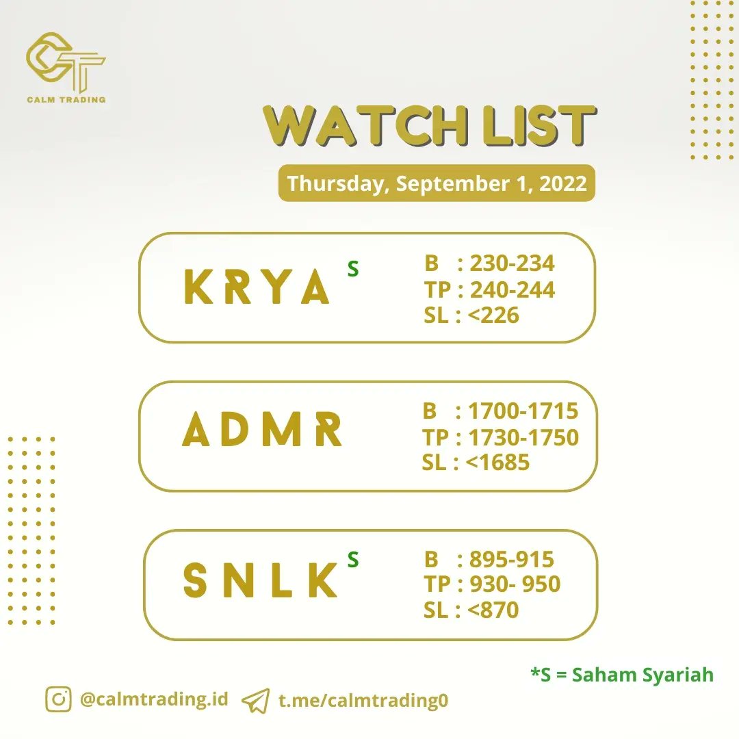 calmtrading_id's tweet image. Haloo Sobat CT! Berikut ini merupakan beberapa Watch List tgl 1 September 2022
#KRYA
#ADMR
#SNLK
INGAT YA SOBAT CT! INI BUKAN AJAKAN UNTUK BELI.
Seluruh WL diatas harus disertai dengan Money Management masing-masing,  agar setiap Risk &amp;amp; Profit yang Sobat CT terima lebih maksimal