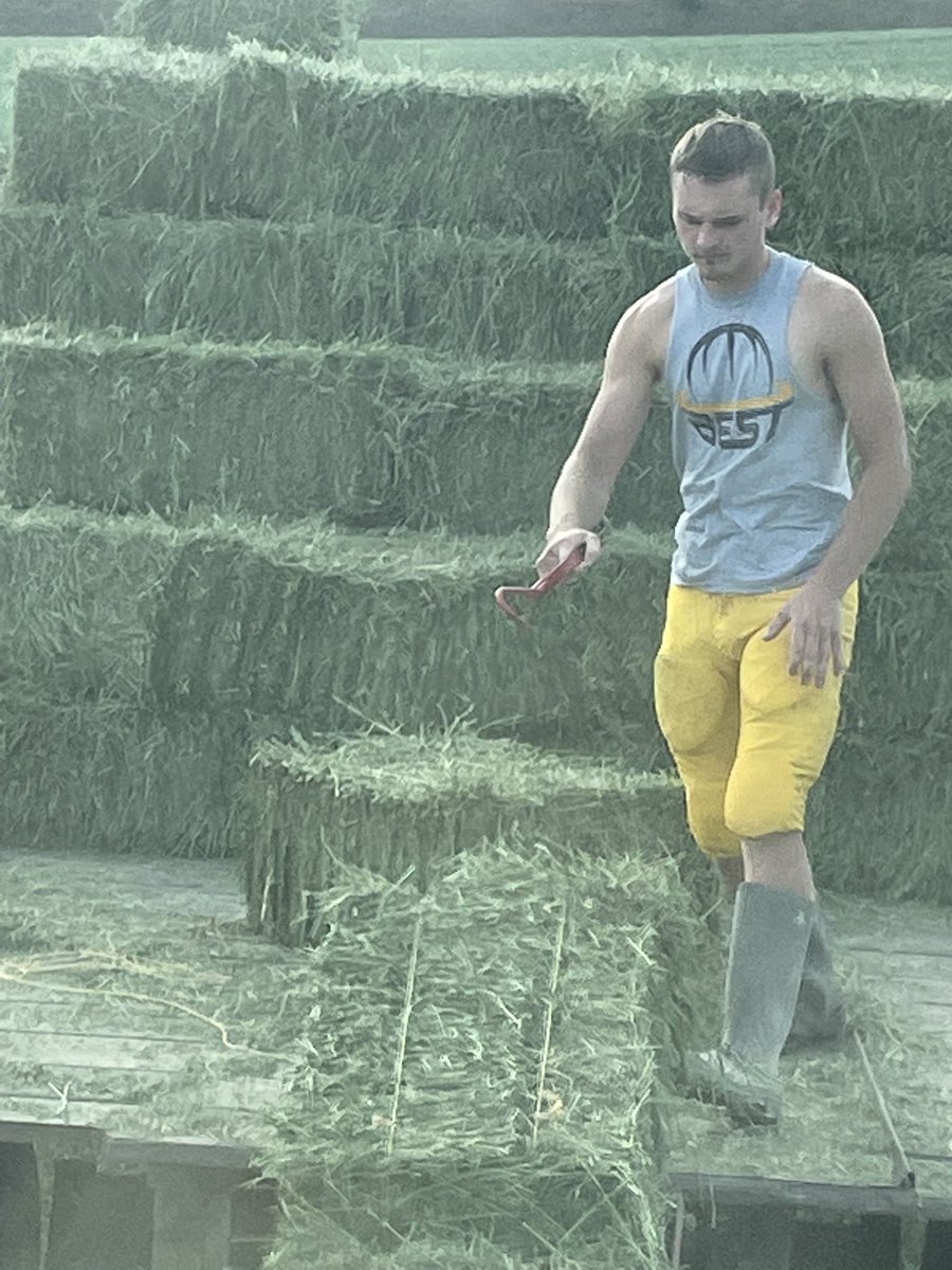 Not many kids would come out after football practice to bale hay. Mine did and didn’t even bother to take time to change😄So proud of the young man he is becoming.