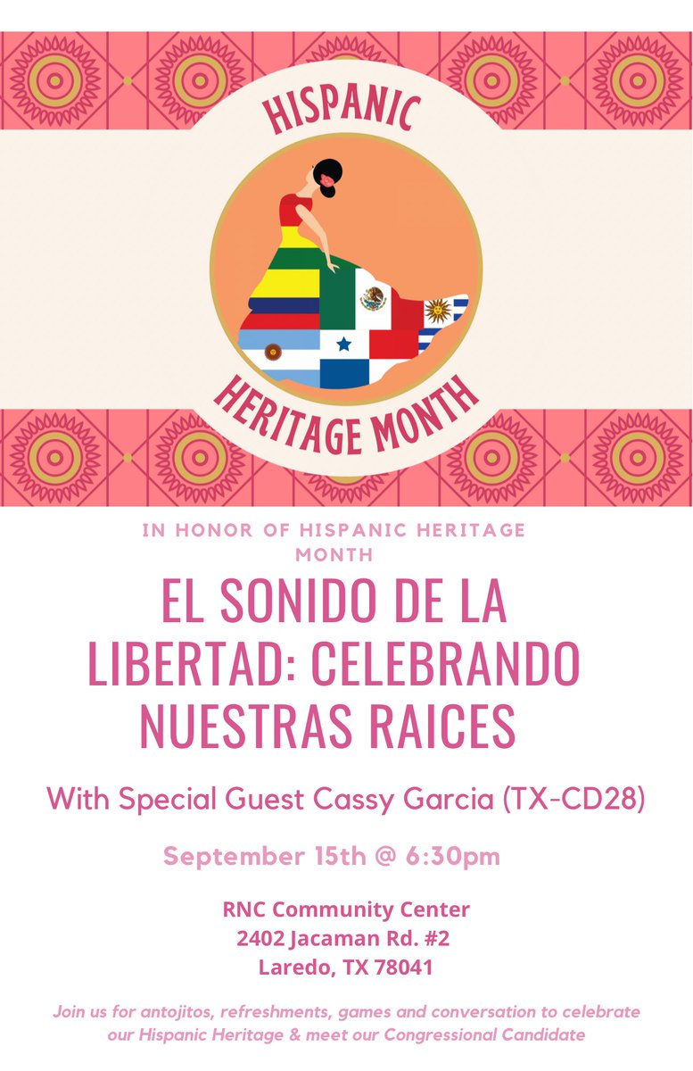 CasandraLGarcia's tweet photo. I am SO excited to be kicking off Hispanic Heritage Month at the @HCCWebbCounty RNC Community Center!

☑️ Sept. 15
☑️ 6:30 pm
☑️ Laredo

Join us! And yes, we’ll have plenty of music, tacos, and antojitos! 🌮🇺🇸 https://t.co/XbPJzMGrcr