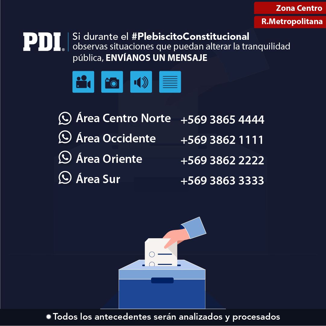 SaraJAbarcaB1's tweet photo. Para todos los #ApoderadosPorElRechazo que defenderemos los votos este 4 de septiembre! Aquí van los números de la #PDI por si vemos algún disturbio! https://t.co/hql7YQna7O