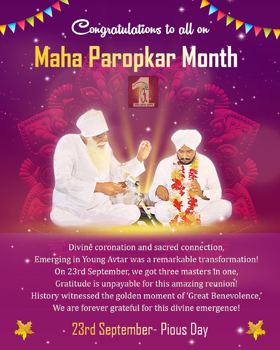 Ekam92973271's tweet photo. Shah Satnam Singh Ji Maharaj showered mercy on all of us in this month and gave Guru Gaddi to Saint Gurmeet Ram Rahim ji. We can never repay the benevolence of our Guru. Wishing everyone a very Happy #32ndMahaParopkarMonth. Let us celebrate this month by doing work of humanity. https://t.co/G0cCoPe8Cf