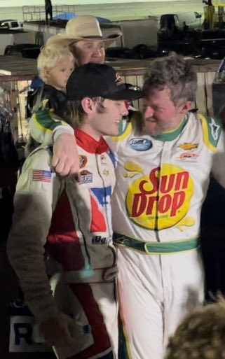 DaleJr talks with Carson Kvapil after the CARS Tour race at North Wilkesboro. Kvapil won and DaleJr was third.
