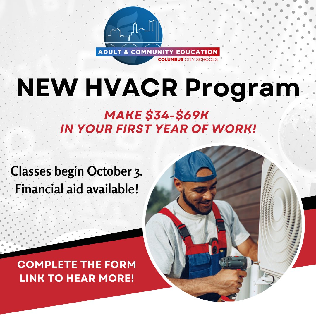 Adult & Community Education, Columbus City Schools (@columbusadulted) on Twitter photo 🆕 We are excited to offer a NEW HVACR program beginning October 3! 💰 In a first year of work, trained employees can earn between $34K - $69K! Call (380) 997-7637 or complete this form to receive more information ➡️ tinyurl.com/mr4paca6. #ACEimproveslives <a href="/ColsCitySchools/">Columbus City Schools</a> 🆕 We are excited to offer a NEW HVACR program beginning October 3! 💰 In a first year of work, trained employees can earn between $34K - $69K! Call (380) 997-7637 or complete this form to receive more information ➡️ tinyurl.com/mr4paca6. #ACEimproveslives <a href="/ColsCitySchools/">Columbus City Schools</a>