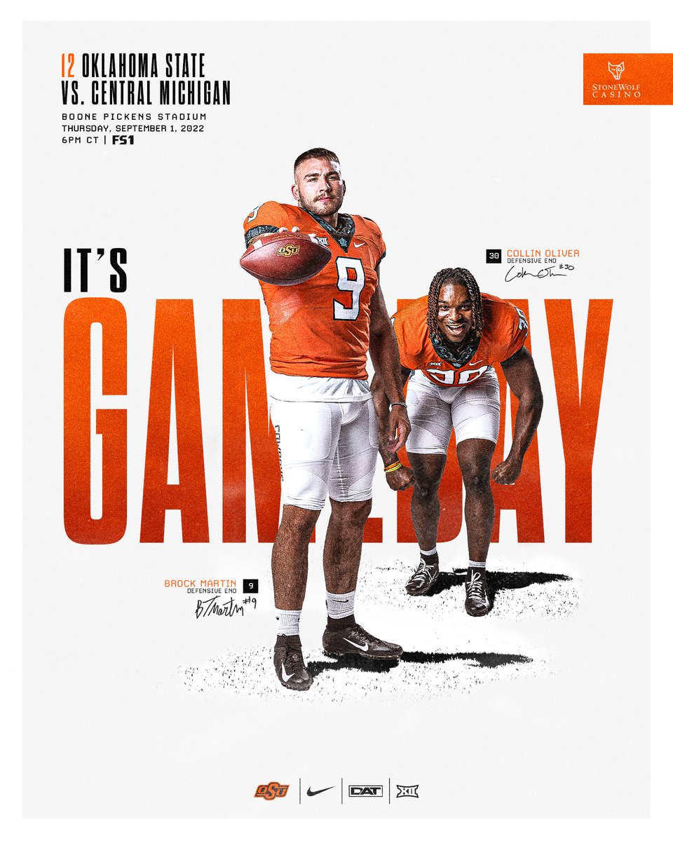 The wait is over. For the first time in 243 days... IT'S GAME DAY ‼️

🏈 vs <a href="/CMU_Football/">Central Michigan Football</a> 
📍 Boone Pickens Stadium; Stillwater, Okla.
⏰ 6 p.m. CT
📺 FS1 | okla.st/3CKAEjG

#DAT | <a href="/stonewolfcasino/">StoneWolf Casino</a>