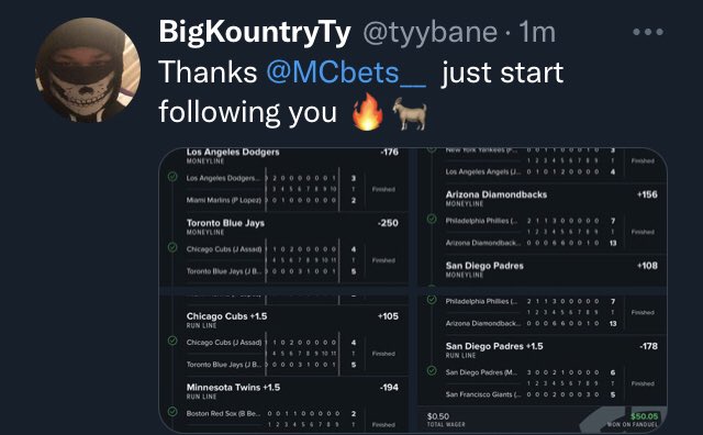 Tomorrow…7 game slate…who wants to try and RUN. IT. BACK. 

Can we nail it 3x in a row? And the 4 th time in 3 weeks?

Show some LOVE if youre gonna be tailing the 

MCbets ML PARLAY 🔁❤️
#GamblingTwitter #MLB #Trending