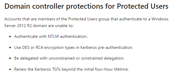 The Protected Users Group is one of the most OP Active Directory security protections I wish I knew about earlier🧵

What does it do? Glad you asked:
- Disables NTLM Authentication
- Disables usage of DES or RC4 encryption for Kerberos tickets
- Restricts delegation
+ Much more!