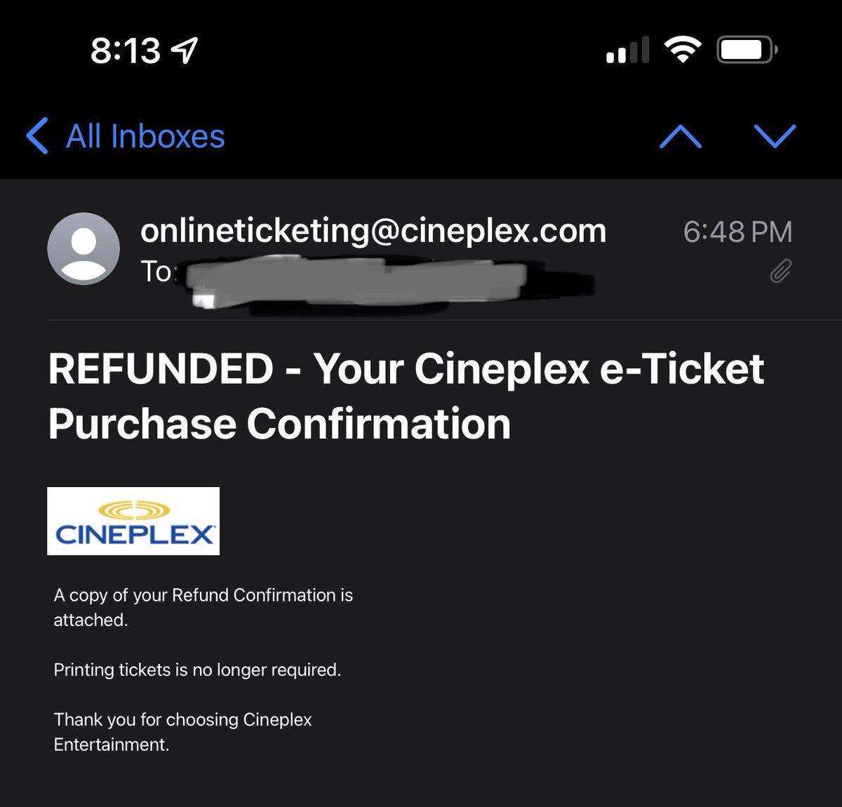 403KFilms's tweet photo. Literally revived this account just to get a @CineplexMovies refund for some tickets I can’t use tonight. Fyi it works. Like within an hour. What a time to be alive. https://t.co/Gt47Wzu4J4