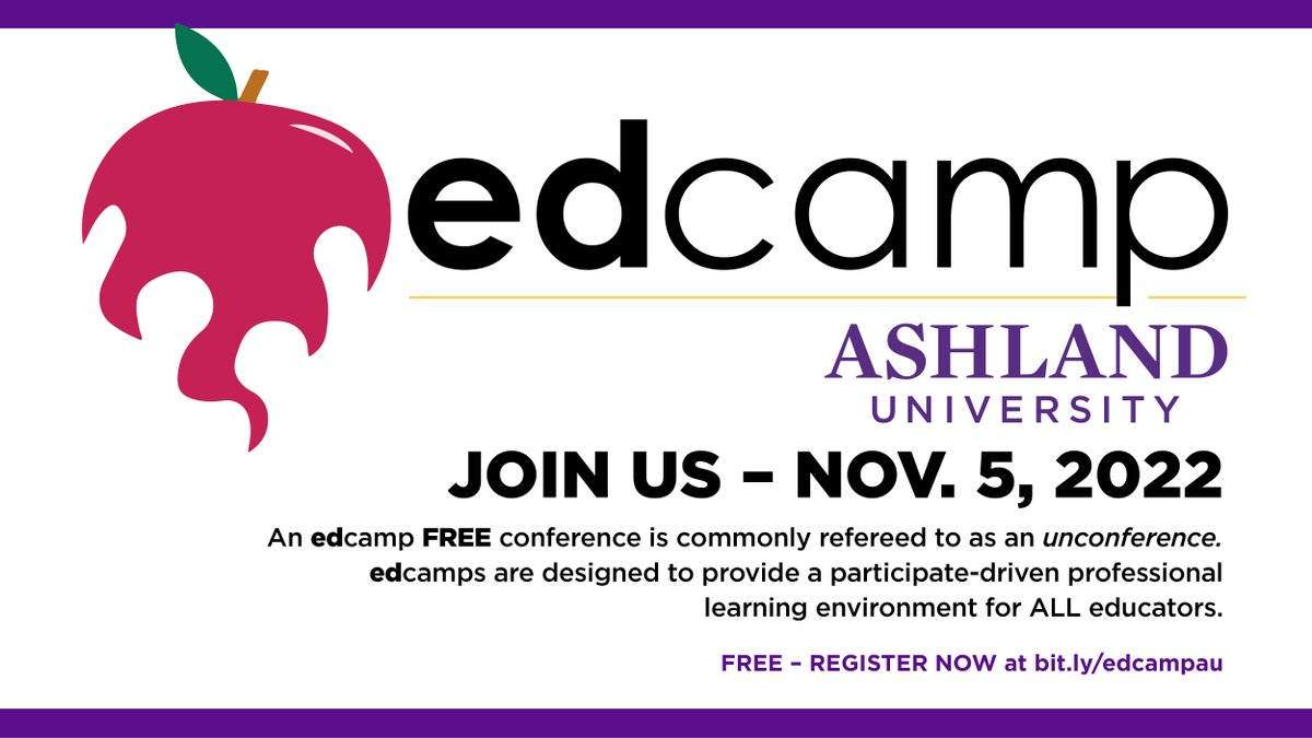 We are excited to host a FREE unconference for ALL educators on November 5 at Ashland University.  Get more information and sign up at bit.ly/edcampau - DM me with any questions! Would love to pack the house!