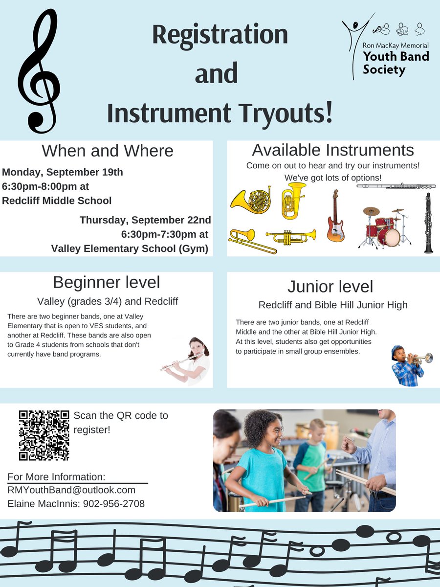 We're excited for a new year of Band! Join us for one of our Registration & Instrument Tryout events! @redclifftweets @bhjh_huskies @valley_elem_sc