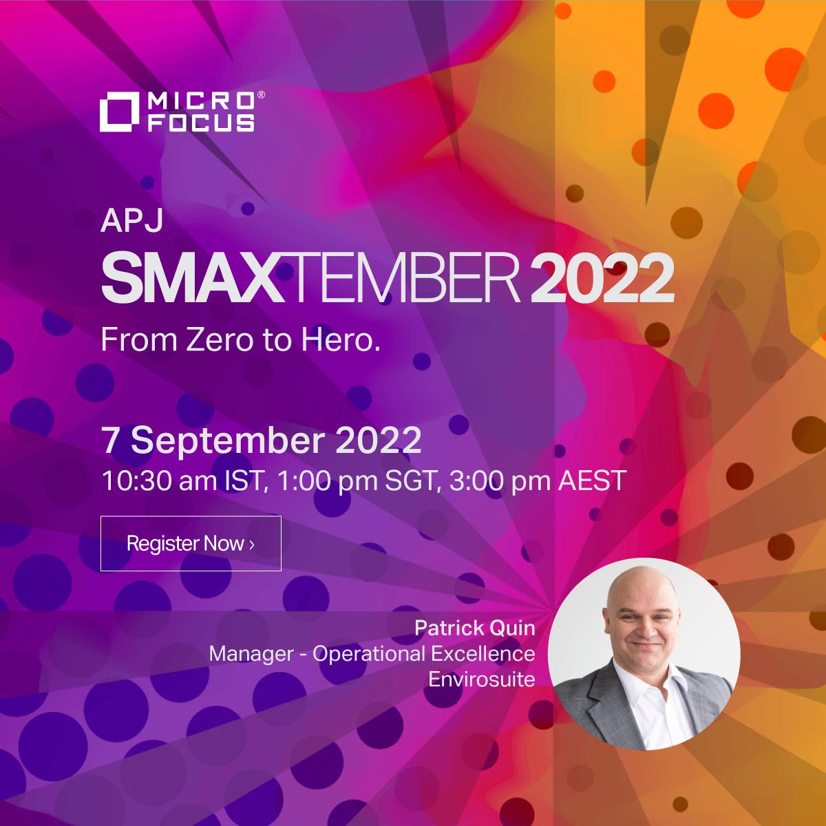 DerekBrittonUK's tweet photo. Join @microfocus for #SMAXTEMBER to hear customer success stories with Patrick Quin, Manager - Operational Excellence, Envirosuite, and discuss the hottest trends, challenges, and best practices for #ITSM #ITOM #TeamMicroFocus https://t.co/kDnWfufB1a https://t.co/k5WL7h1juV