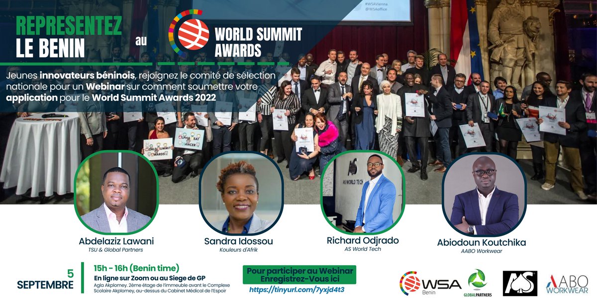 Votre innovation #numérique est unique et apporte une réelle plus-value à vos #concitoyens et peut servir à d´autres partout dans le monde? Rejoignez-nous le 05 Septembre pour apprendre comment la soumettre pour nomination au #WSA-#Benin. Inscription: tinyurl.com/7yxjd4t3