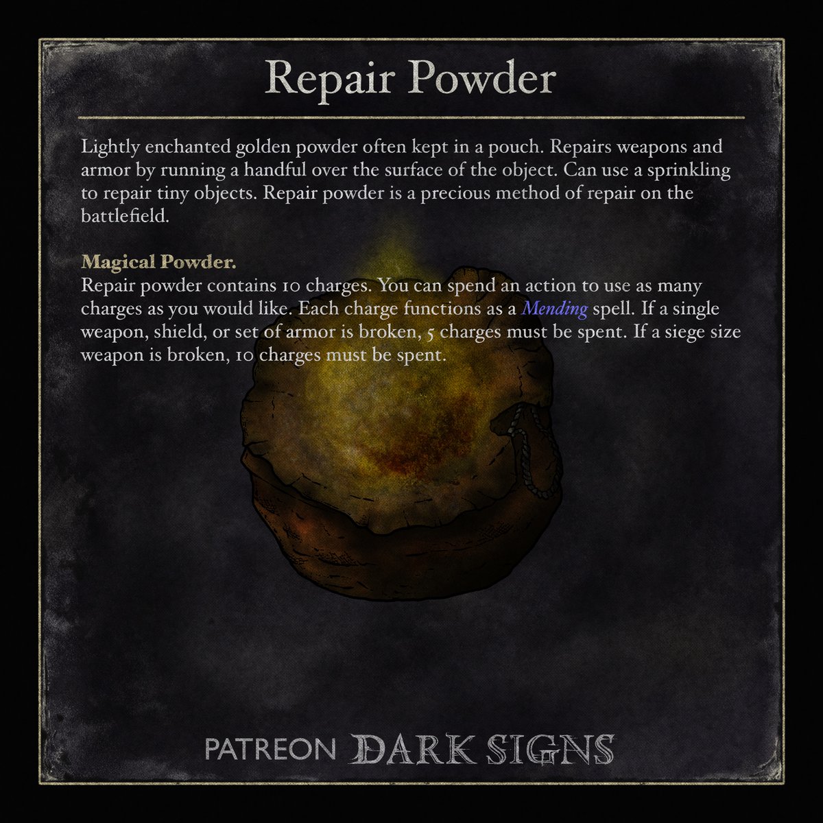 thedarksigns's tweet photo. You take a useless item from #DarkSouls and you make it into a lovely item for #dnd 5e. Always loved the way the icon looks, just another trace and color with some fun flavor mechanics.

#magicitem #ttrpg #darksoulsttrpg https://t.co/zAJsttCWdx