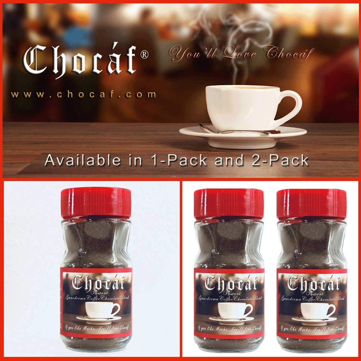 Instant Ganoderma Coffee Chocolate Blend. Chocáf is new and it's delicious. Ready to mix and serve, hot or cold. Available at Amazon and Ebay. Read more at chocaf.com. #mochacoffee #ganodermacoffee #instantcoffee #coffee #mocha #ganoderma