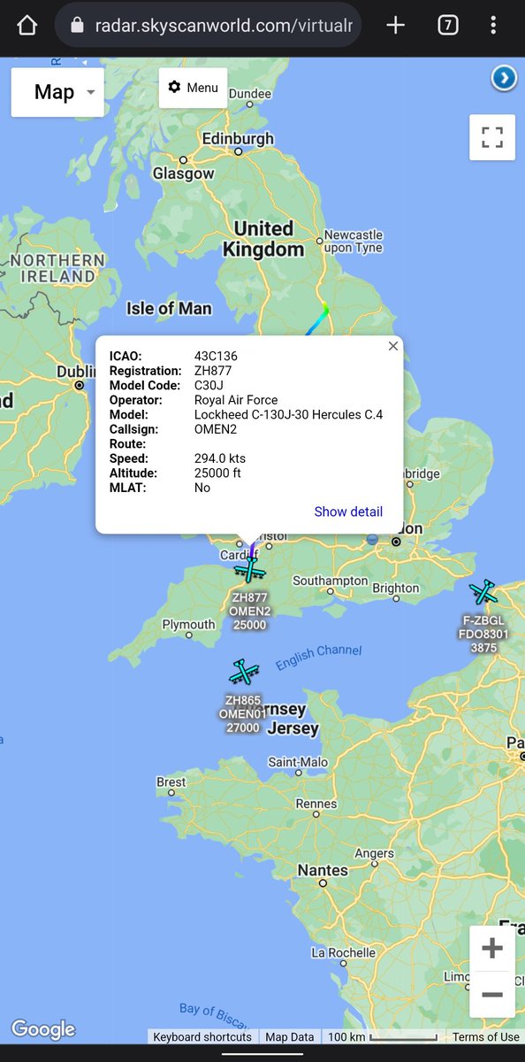 scan_sky's tweet photo. #OMEN Flight Active Out Of RAF Leeming 🇬🇧
2 x #RAF 🇬🇧 - Lockheed C-130J-30 Hercules - #ZH865 - #OMEN1/#ZH877 - #OMEN2
#OMEN1 Is Currently Over The English Channel With #OMEN2 Routing The Same.
Movement Likely Linked To Exercise Chameleon, Which Runs From 22 Aug - 16 Sept. https://t.co/QqC9zyGi5j