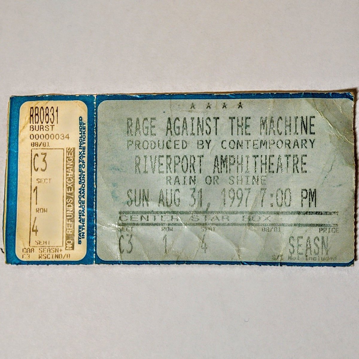 25 years ago today, Nate McClain attended the Rage Against The Machine concert at Riverport Amphitheater in St Louis MO on August 31, 1997. natemcclain.com #natemcclain #1997 #ratm #rageagainstthemachine #concert #ticket #riverport #stlouis #stl #mo #missouri #90s