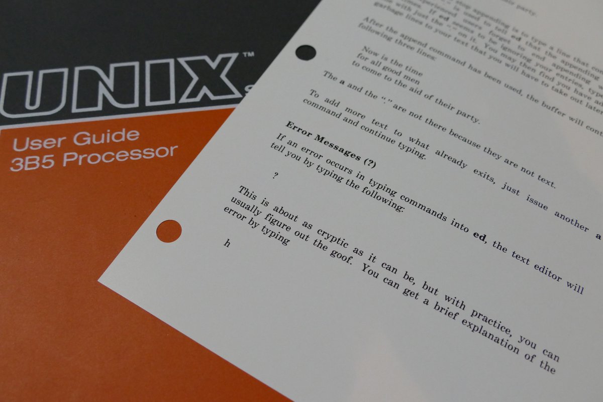 ed is the standard text editor

?

"This is about as cryptic as it can be, but with practice, you can usually figure out the goof."

#ed #editor #unix #history