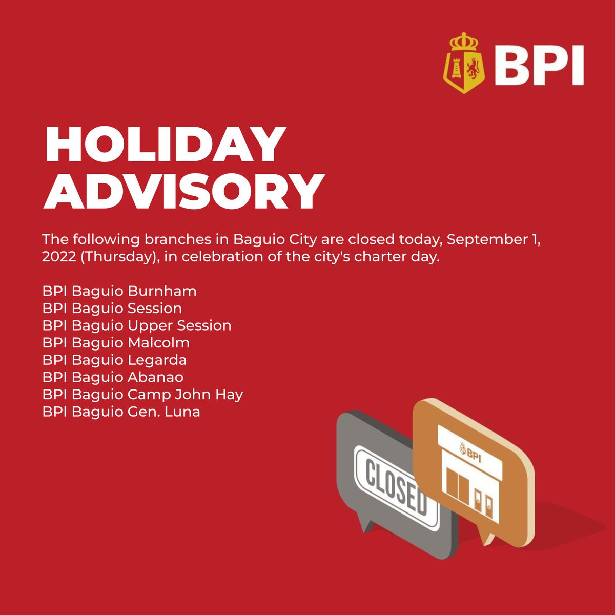 TalktoBPI's tweet photo. Republic Act No. 6710 has declared  September 1, 2022 (Thursday) as a special non-working holiday in Baguio City. https://t.co/foRdnjCFVz